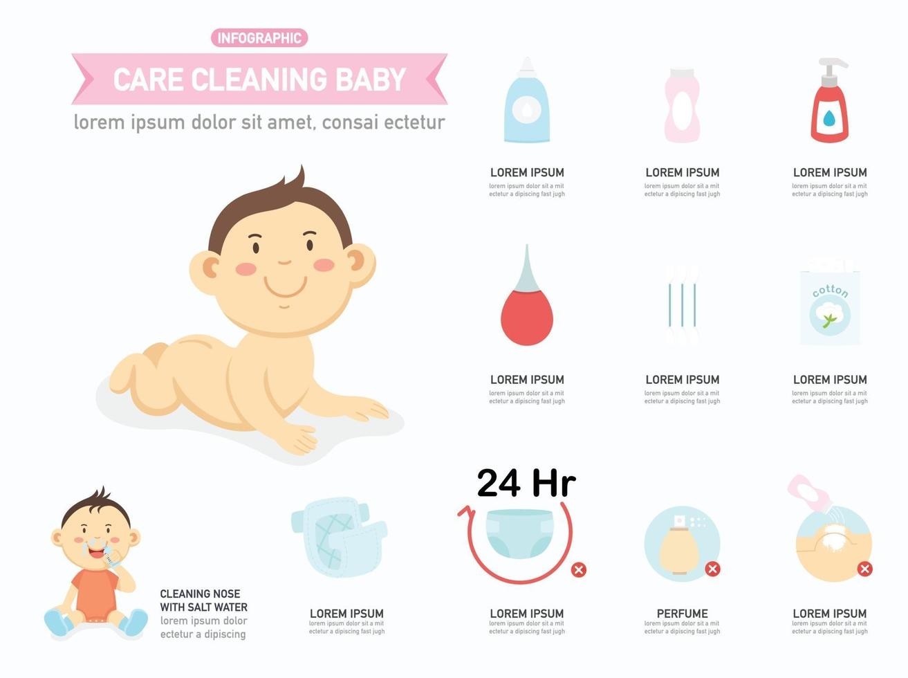cuidados limpeza bebê infográfico, ilustração. vetor