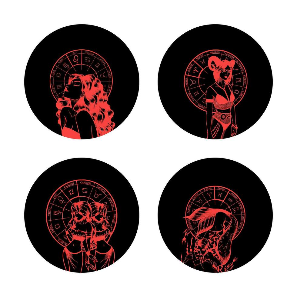 conjunto do monocromático símbolos, ícones com astrológico sinais e romântico beleza mulheres. zodíaco símbolos. vetor
