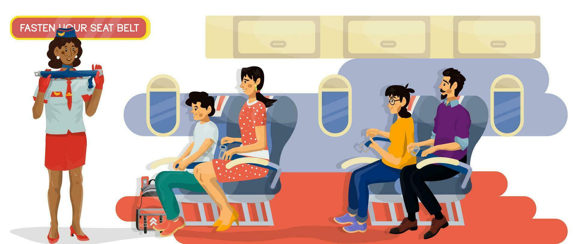 vetor ilustração do mulher comissária de bordo quem mostra quão para apertar seu assento cinto dentro uma cabine em uma avião