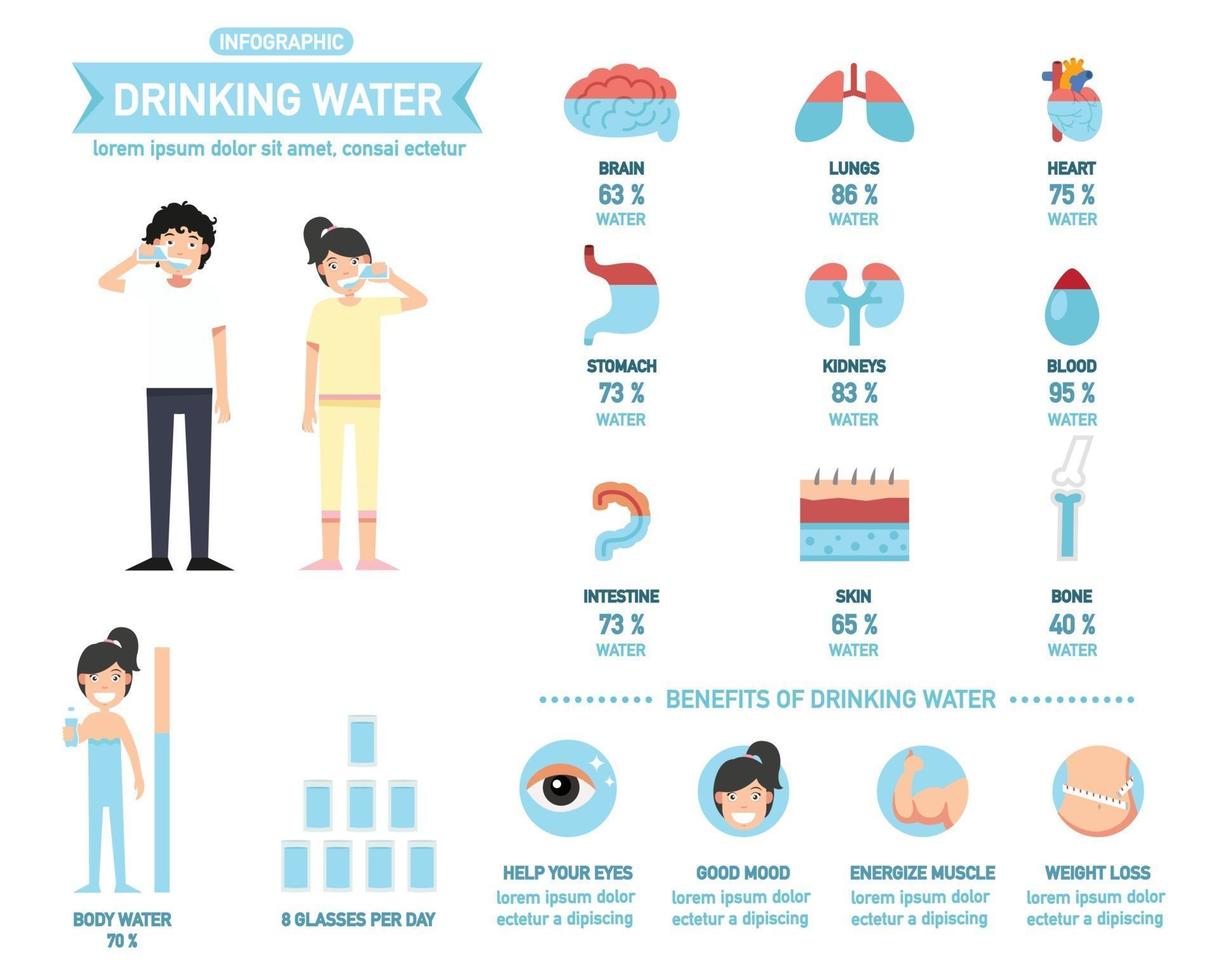 benefícios de infográficos de água potável - água corporal, vetor