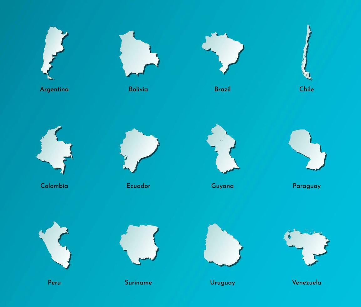 vetor ilustração conjunto com simplificado mapas do todos sul América estados, países Argentina, brasil, Chile, Equador, Peru e outros. azul silhuetas, Sombrio azul fundo. alfabeto ordem