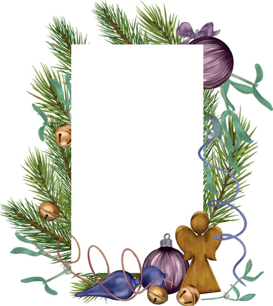 quadro, Armação do Natal árvore, decorações e de madeira anjo digital ilustração isolado em branco. pinho filial, bolas, serpentina mão retirou. elemento para feriado pacote, 2024 Novo ano cumprimento cartão vetor