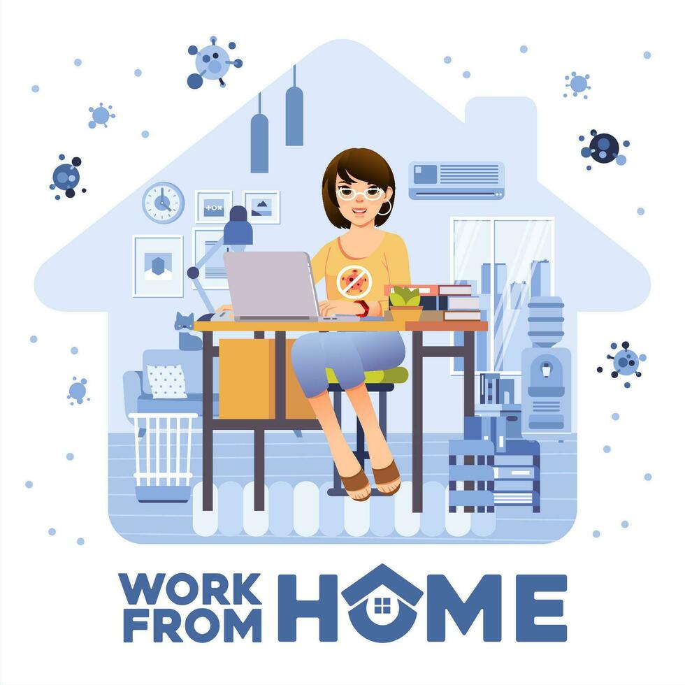 mulheres trabalhador autonomo trabalhando a partir de casa dentro a vivo quarto com quarto interior Como fundo vetor