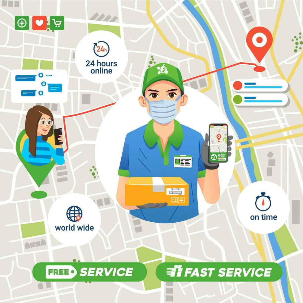Entrega serviço companhia enviando pacote para cliente em tempo, mapa rota dentro a aplicativo para destino, 24 hora garantia vetor