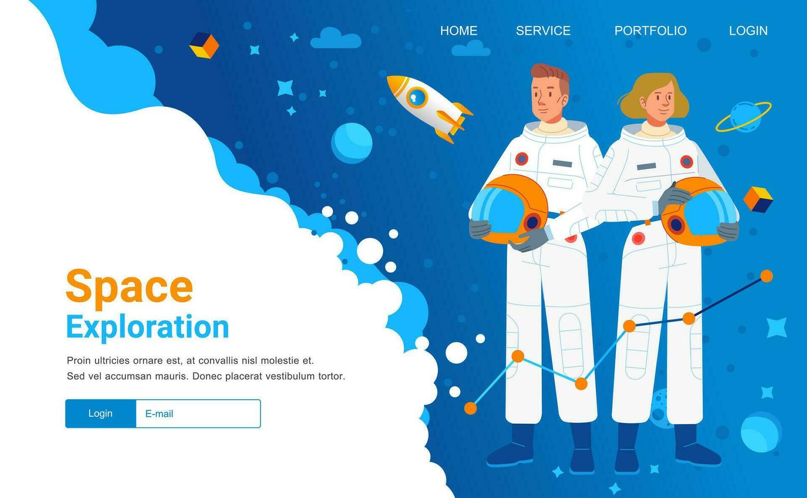 aterrissagem página bandeira rede modelo espaço exploração homem e mulher cosmonauta astronout vestem traje espacial personagem nave espacial planeta vetor