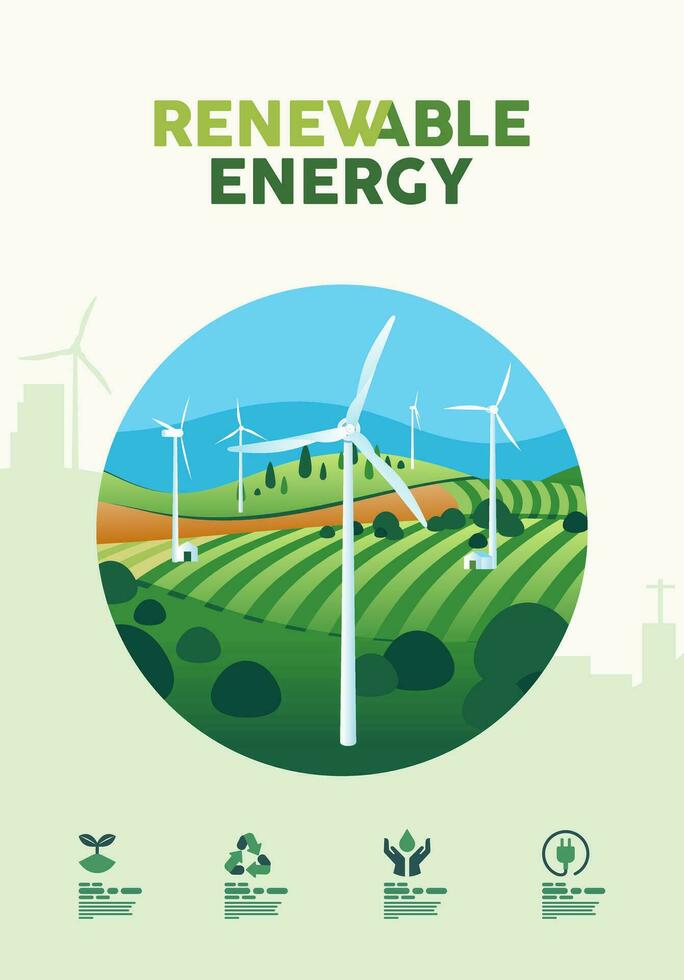 verde colinas natureza paisagem, ambiente, ecologia, campo, prados, renovável alternativo energia, vento turbina poster bandeira conceito vetor