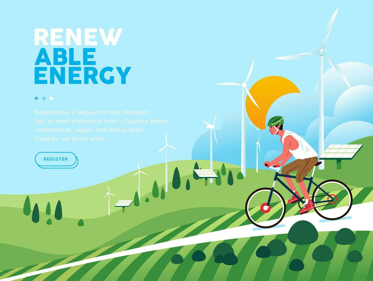 palavra meio Ambiente dia. homem equitação uma bicicleta sobre verde colinas com energia Campos sustentável renovável energia, solar painel, vento turbina vetor