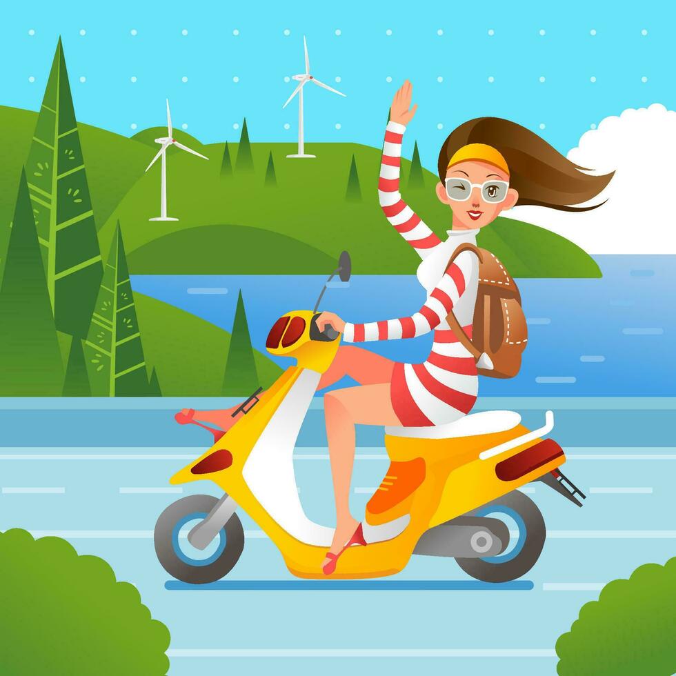 vetor ilustração do jovem mulheres acenando mão enquanto equitação uma motocicleta com mar e vale dentro a fundo