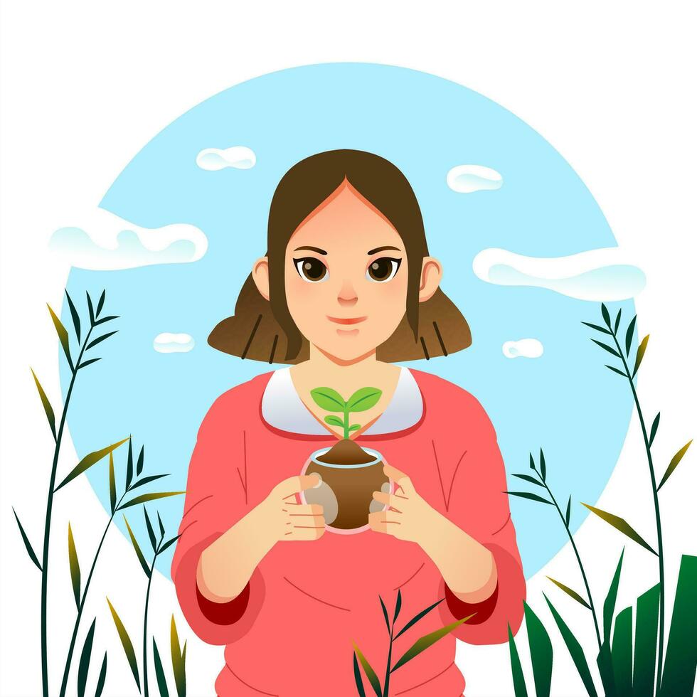 mundo meio Ambiente terra dia. jovem mulher personagem detém punhado solo com plantar brotar semente. sustentável estilo de vida, verde, ecológico conversação, natureza conceito vetor