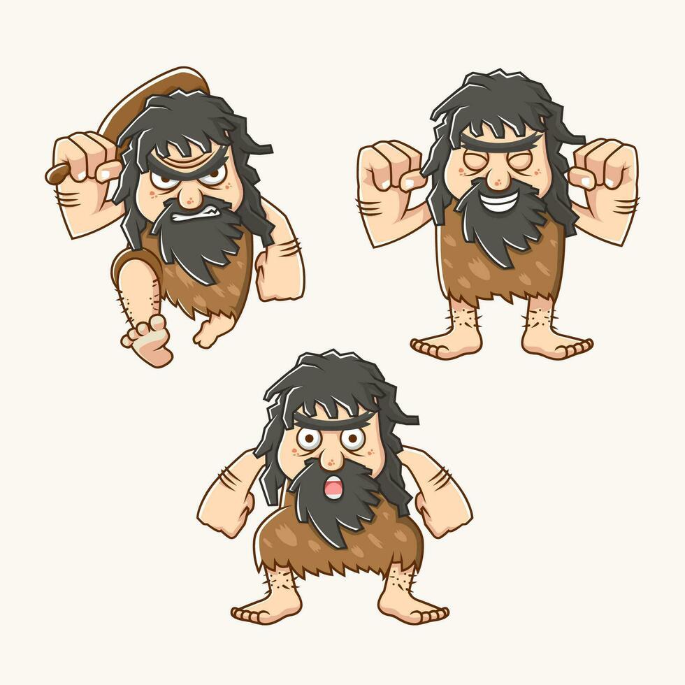 conjunto personagem do uma caverna homem dentro pedra era com diferente estilo, facial expressão e carregando bastão vetor ilustração