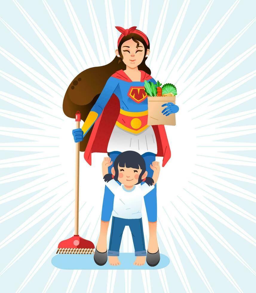 super mãe, mãe vestindo Super heroi traje segurando vassoura e mantimentos, pequeno filha em pé dentro frente do mãe e levantando dela mão vetor