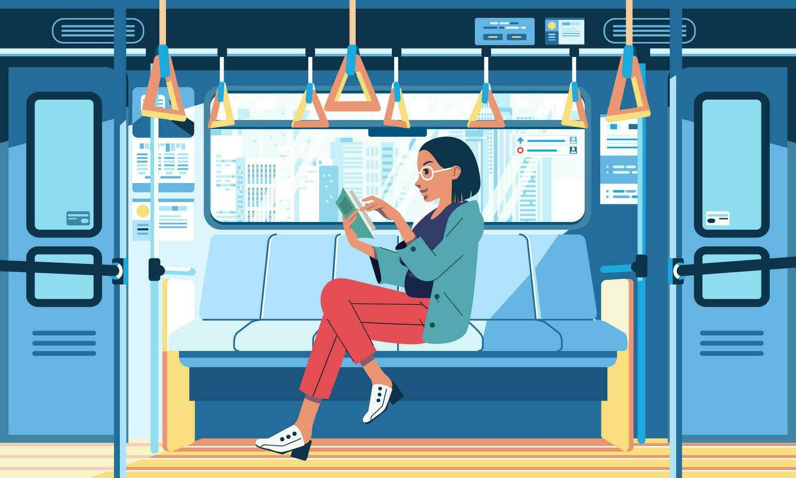 jovem mulheres sentado enquanto lendo livro dentro a trem ao lado a janela, trem interior plano vetor ilustração