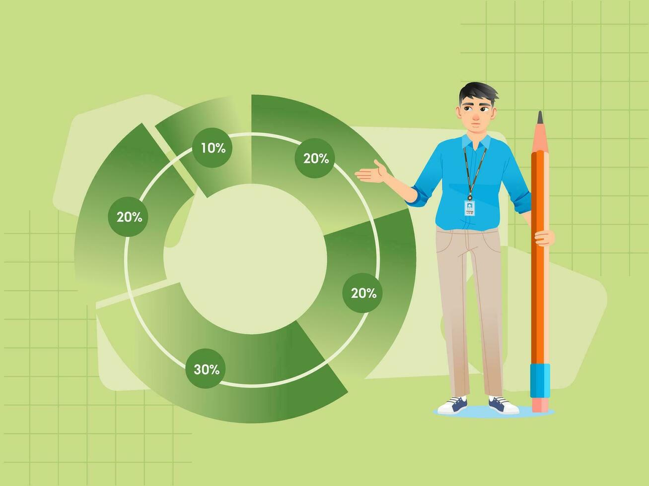 homem de negocios aguarde lápis apontando às torta gráfico durante apresentação explicando torta gráfico vetor plano Projeto ilustração