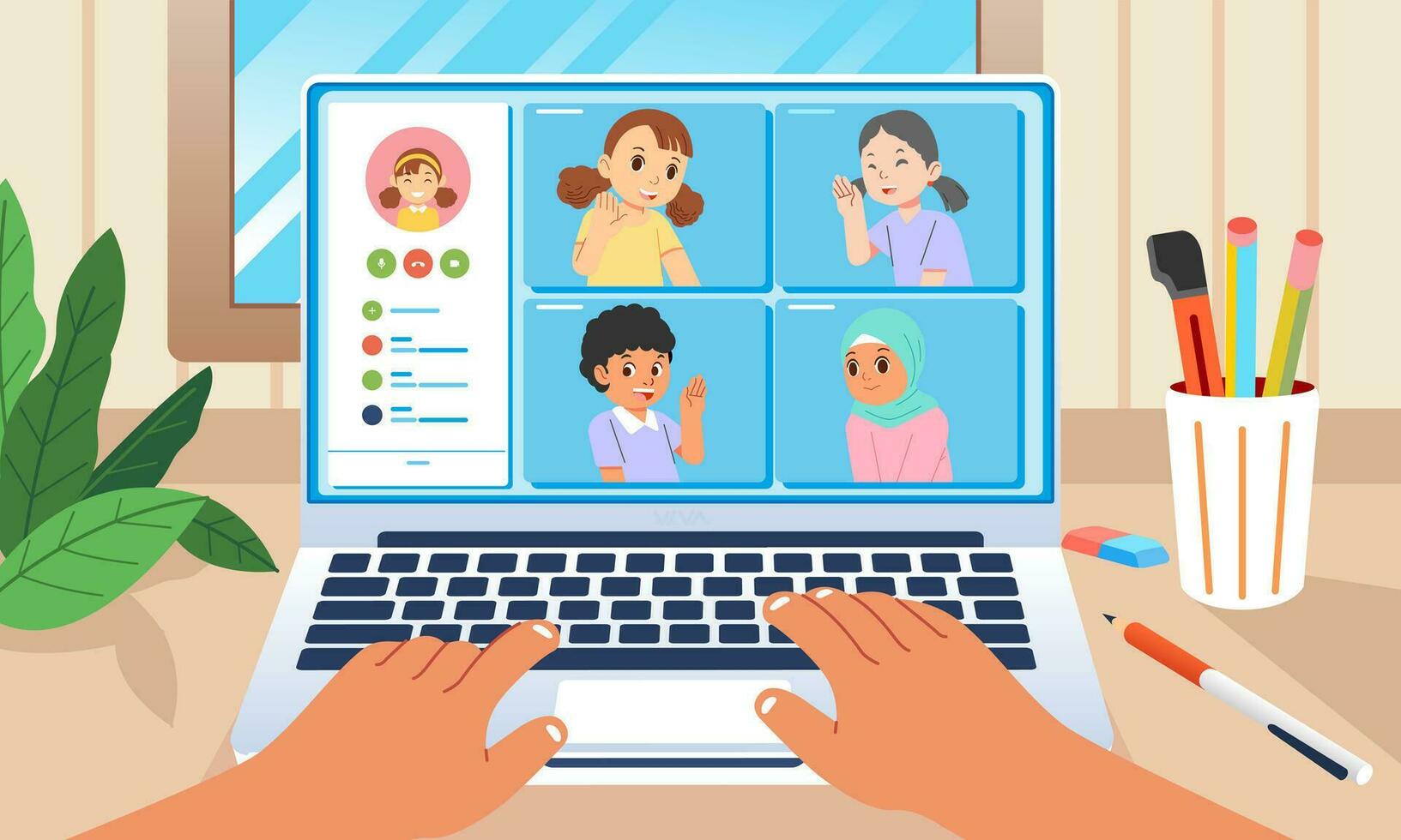 crianças conectados comunicação, classe Encontros vídeo ligar em computador portátil às lar. Internet conexão durante quarentena vetor