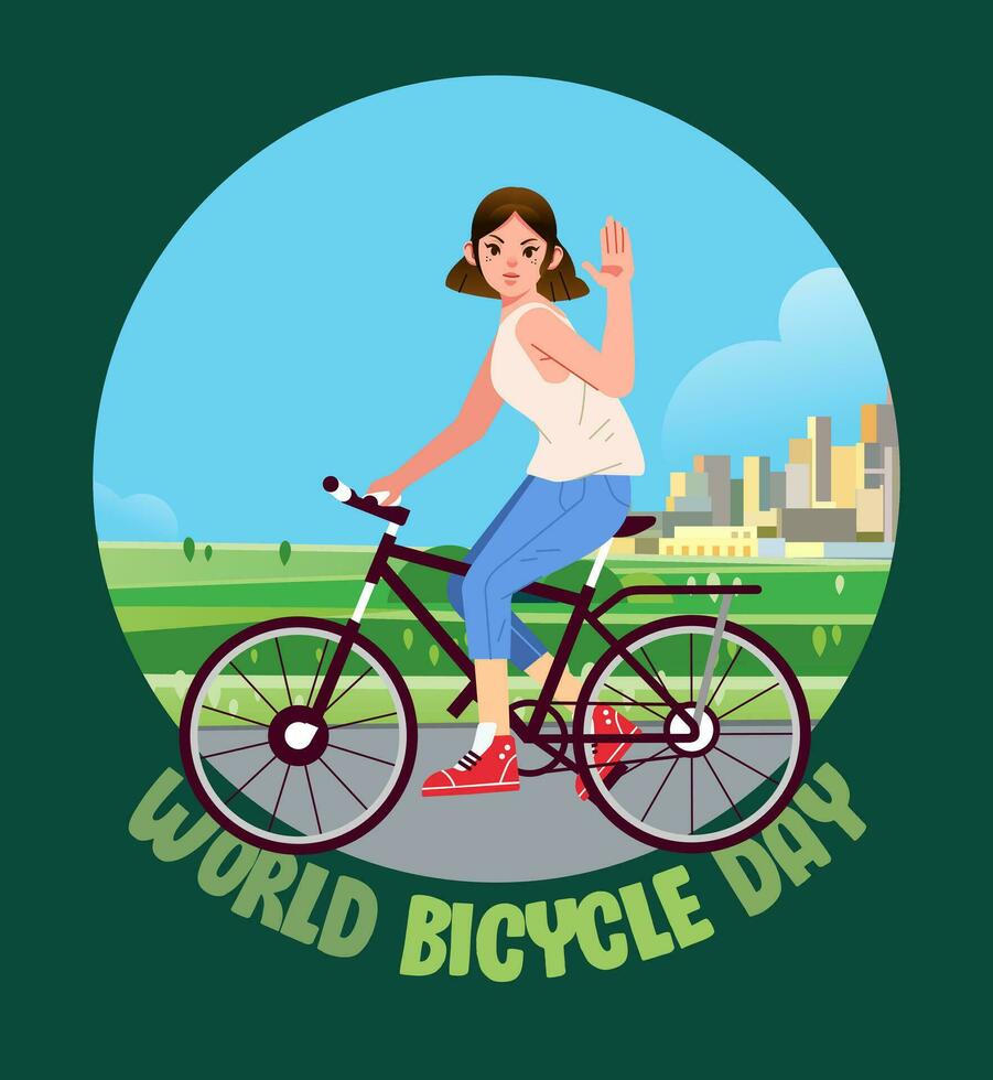 mundo bicicleta dia. mulher equitação uma bicicleta panorama fundo. ir verde Salve  meio Ambiente bandeira poster vetor