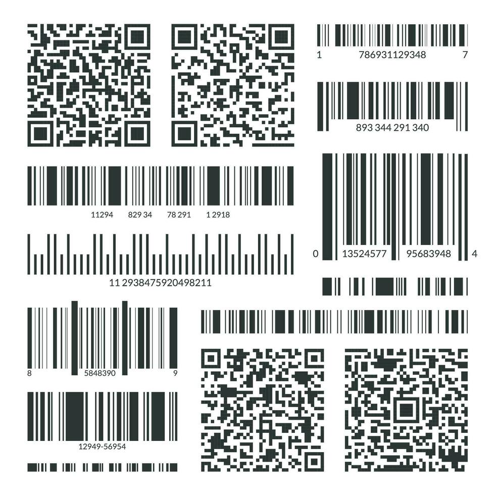 diferente Preto códigos de barra e qr códigos definir. vetor