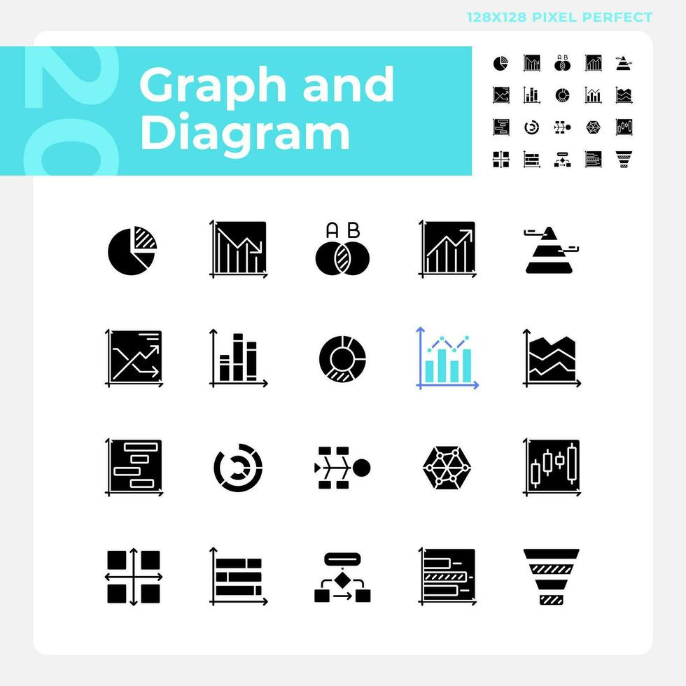 gráfico e diagrama Preto glifo ícones conjunto em branco espaço. dados visualização. em formação mostrar. apresentação elemento. silhueta símbolos. sólido pictograma pacote. vetor isolado ilustração