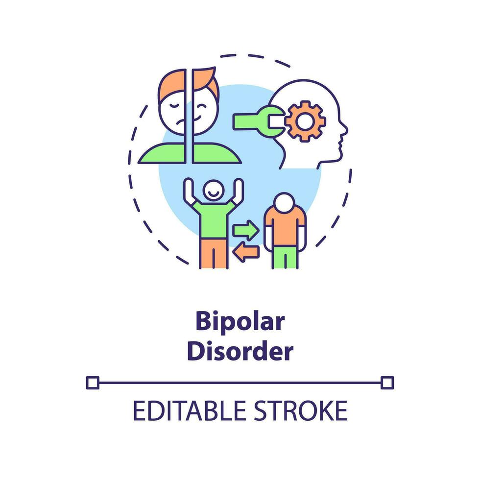 2d editável bipolar transtorno fino linha ícone conceito, isolado vetor, multicolorido ilustração representando comportamental terapia. vetor