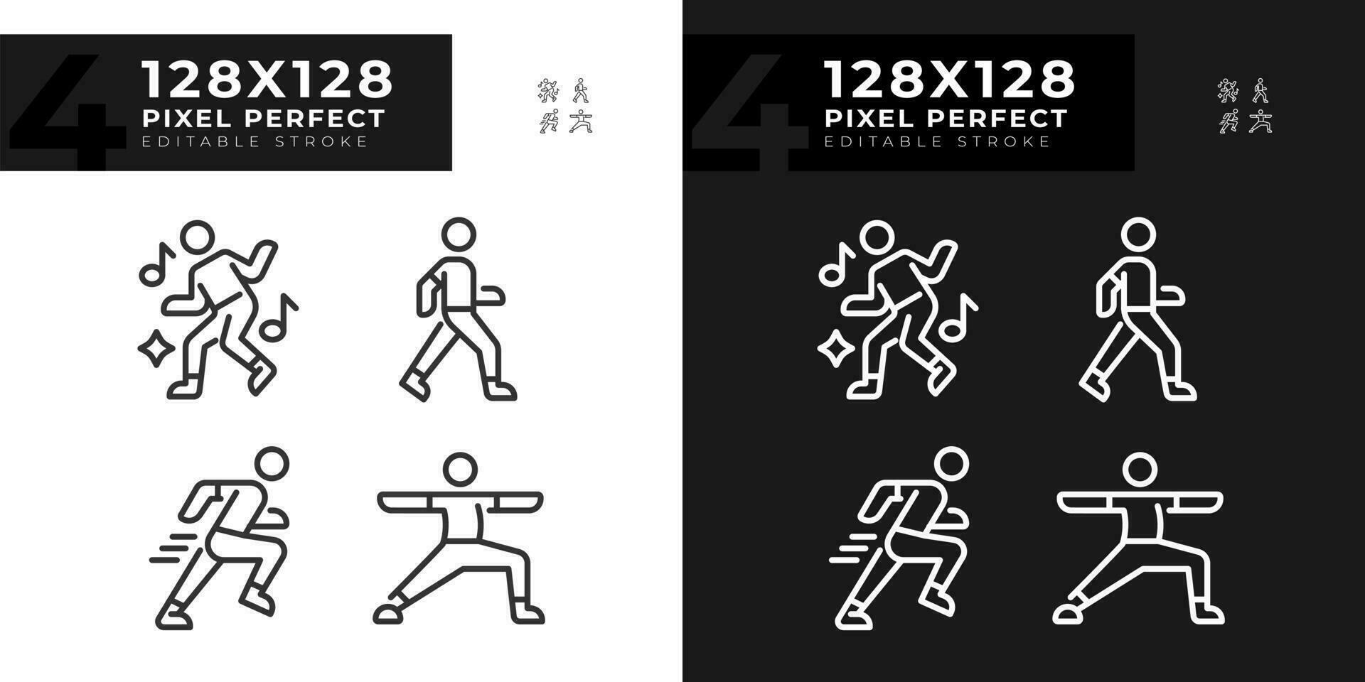 pixel perfeito luz e Sombrio modo ícones conjunto do fitness, editável fino linha bem estar ilustração. vetor