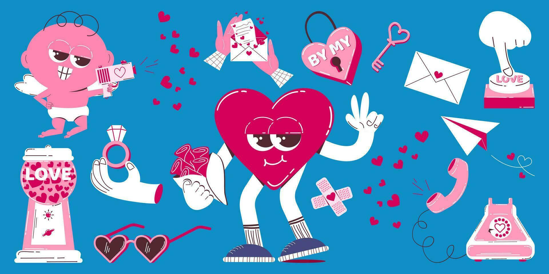 fofa coração e cupido personagens para dia dos namorados dia dentro retro desenho animado estilo. colorida Rosa clipart do diferente elementos para dia dos namorados dia. na moda mascote Projeto. vetor