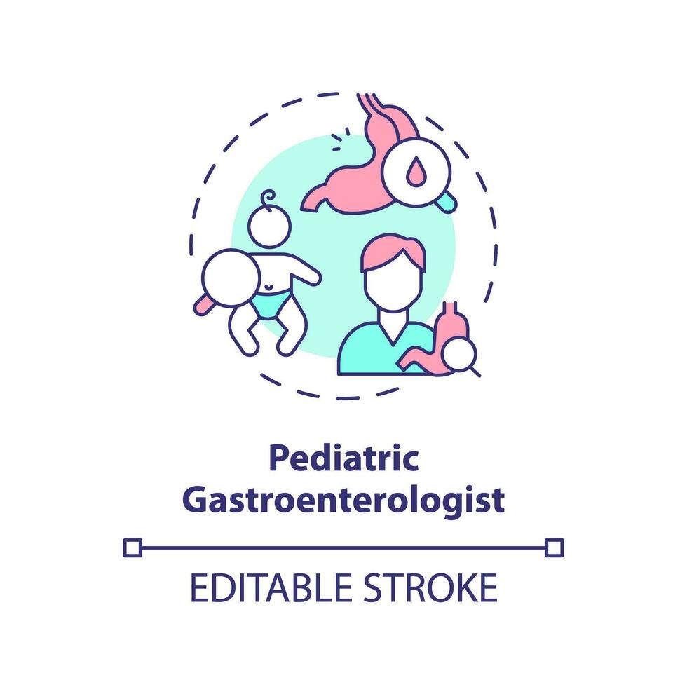 pediatra gastroenterologista conceito ícone. digestivo sistema. estômago doutor. cuidados de saúde praticante. criança clínica abstrato idéia fino linha ilustração. isolado esboço desenho. editável acidente vascular encefálico vetor