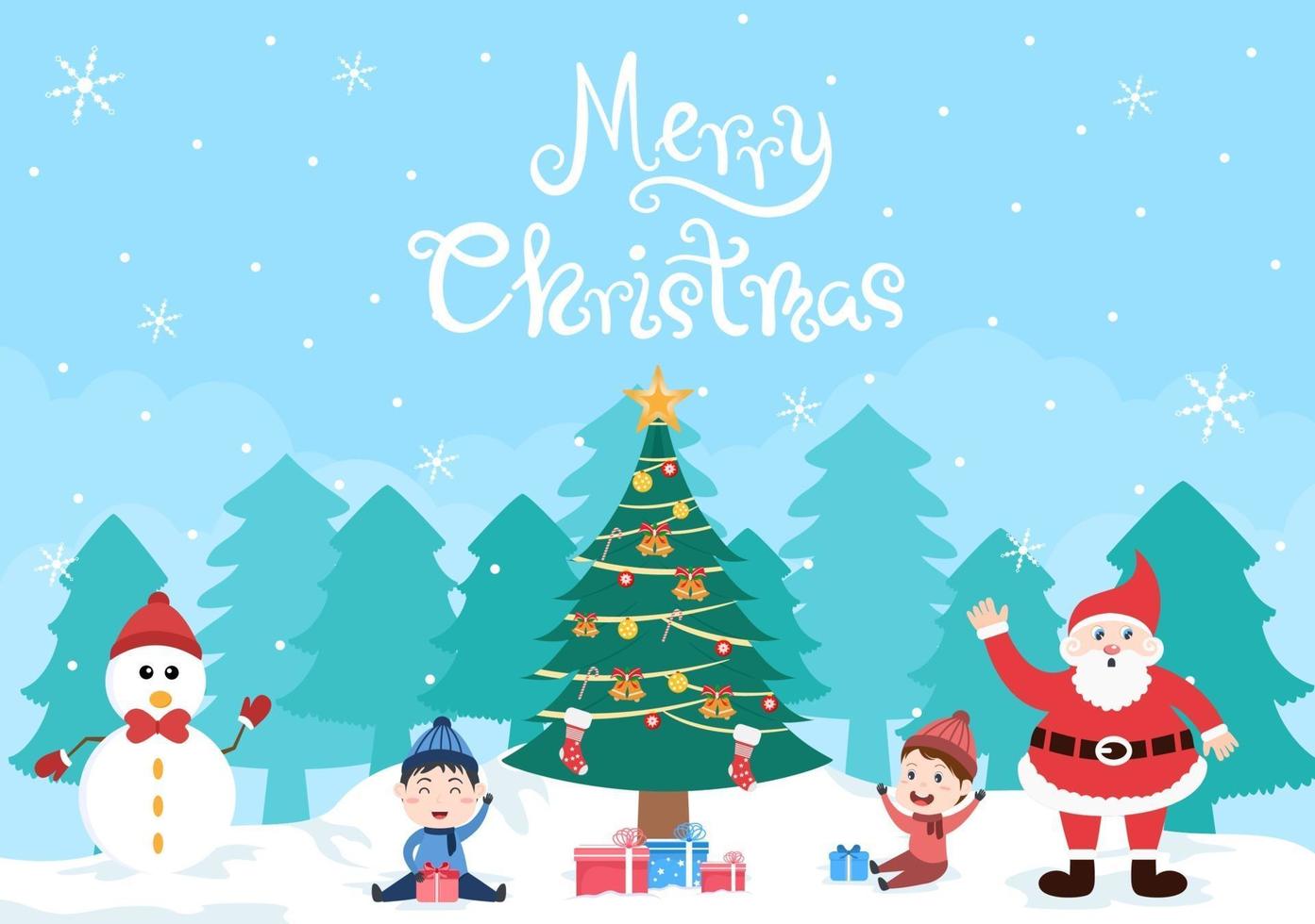 feliz comemorando o dia de natal com crianças e boneco de neve, árvore de decoração vetor