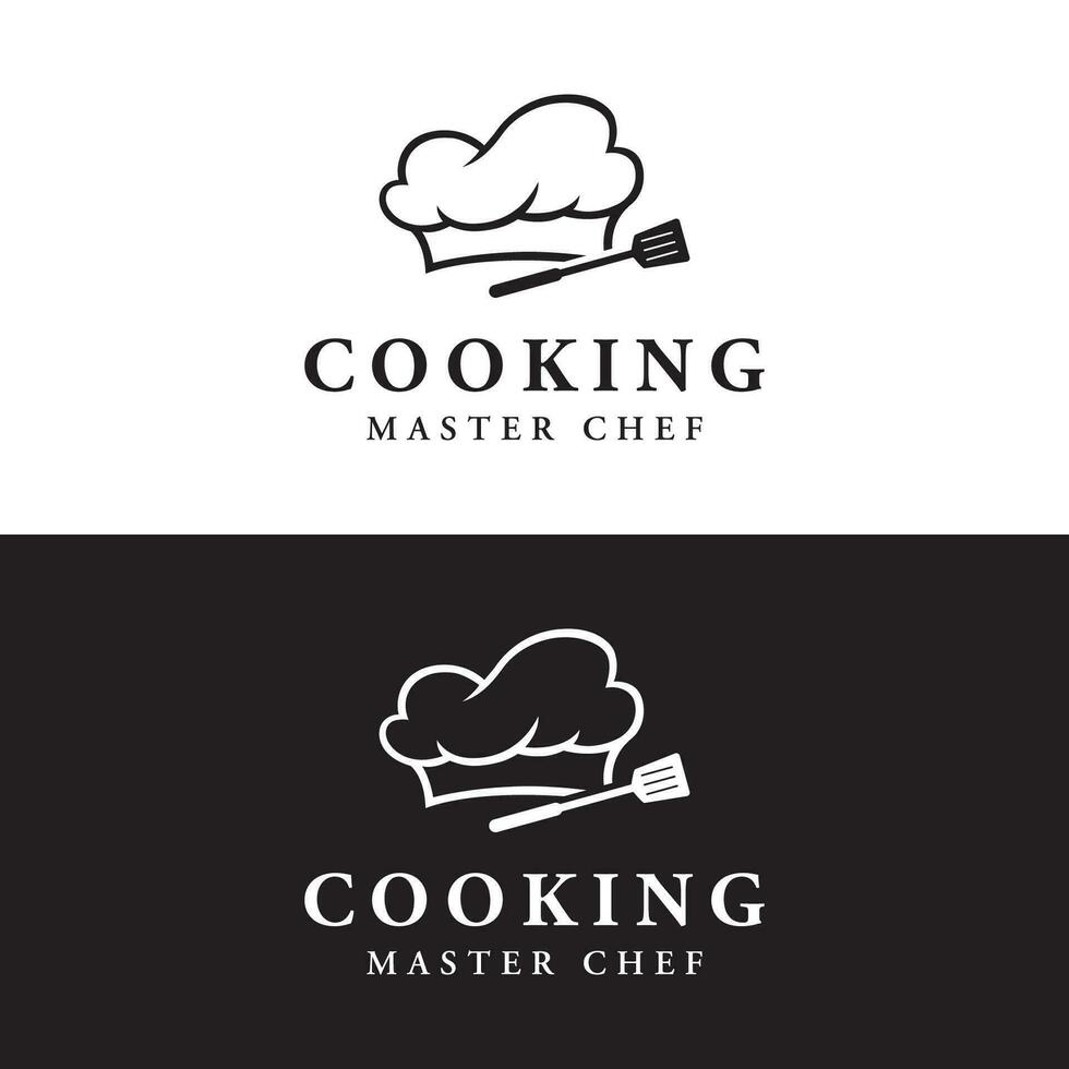 cozinha logotipo Projeto com criativo chef chapéu e cozinhando utensílios. logotipo para restaurante, chefe de cozinha, negócios. vetor