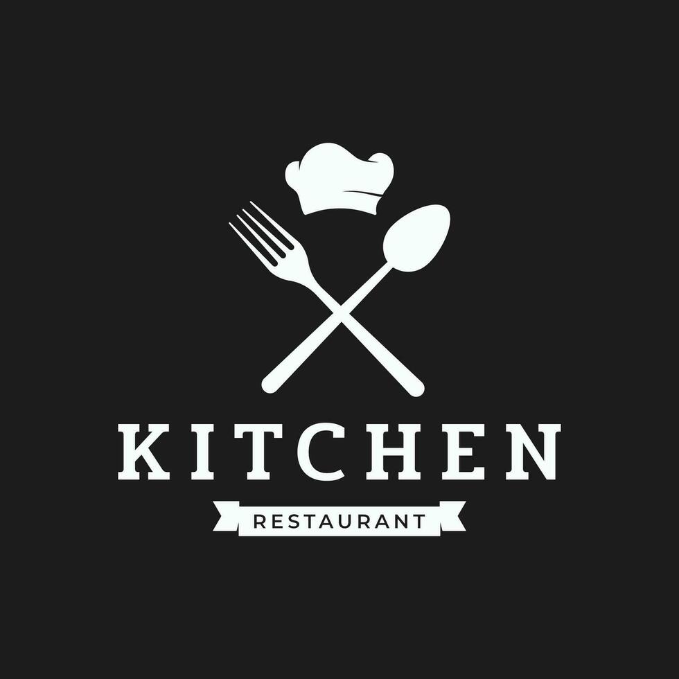 cozinha logotipo Projeto com criativo chef chapéu e cozinhando utensílios. logotipo para restaurante, chefe de cozinha, negócios. vetor