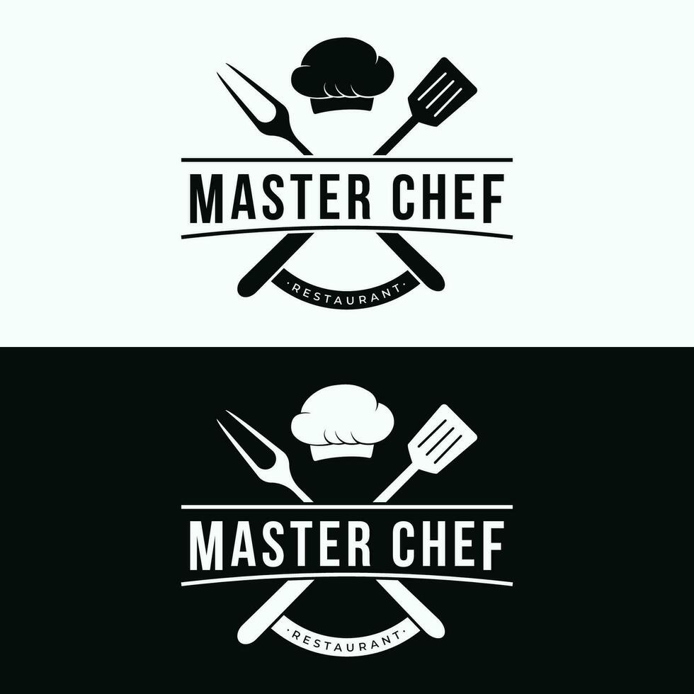 cozinha logotipo Projeto com criativo chef chapéu e cozinhando utensílios. logotipo para restaurante, chefe de cozinha, negócios. vetor