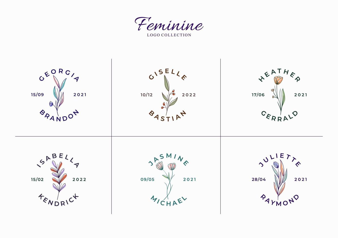 conjunto de lindos logotipos florais minimalistas com nomes de noivas vetor