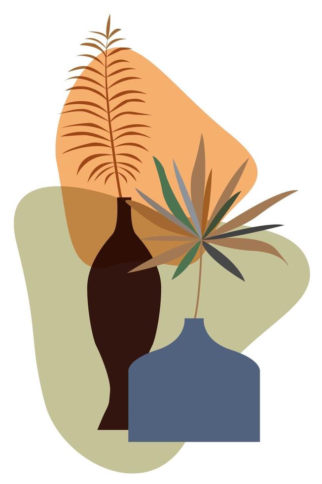 vasos coloridos com folhas de palmeira, arte abstrata. vetor