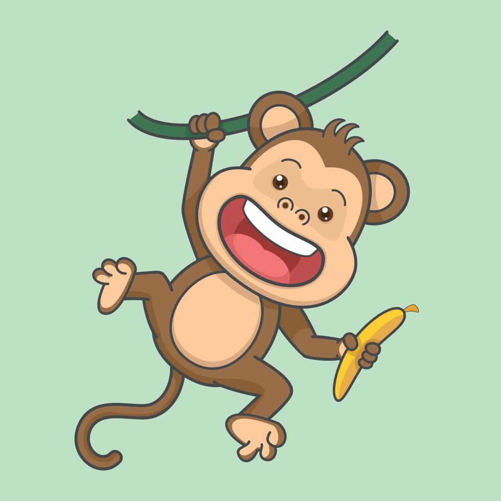macaco fofo pendurado com banana vetor