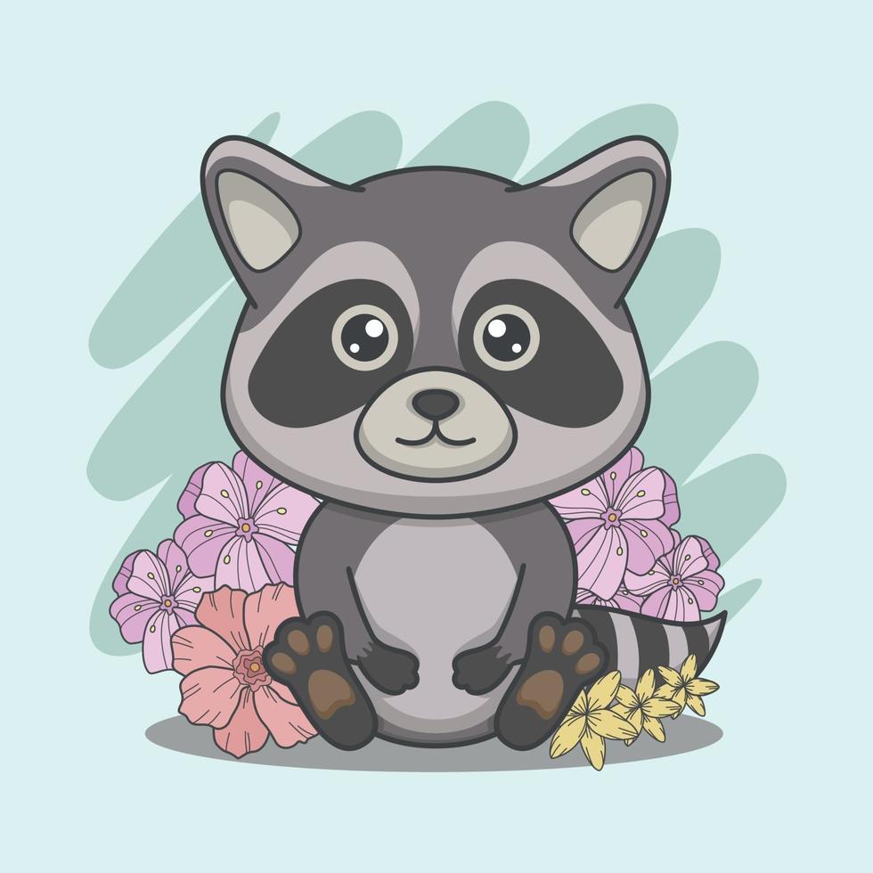 desenho bonito de guaxinim e flores vetor