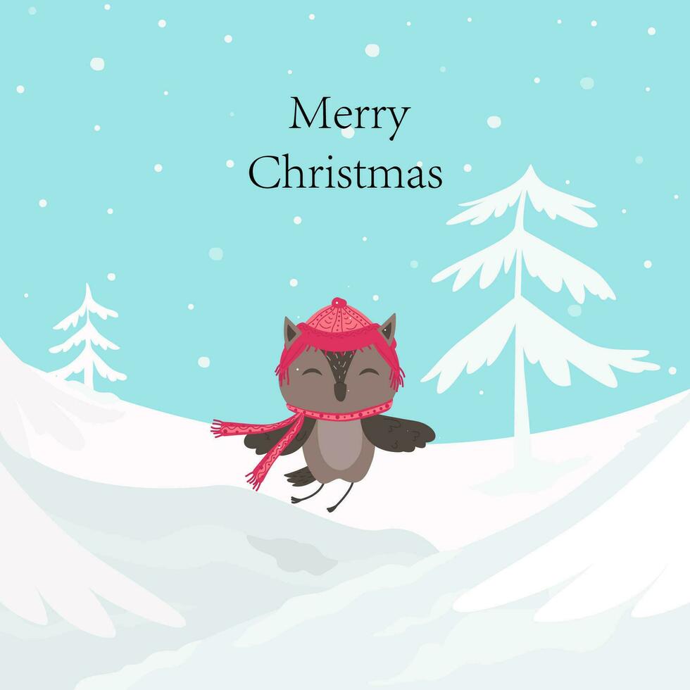 Novo anos cartão com desenho animado coruja. alegre Natal inscrição. inverno floresta, montes de neve, abeto árvores, neve caindo. vetor ilustração