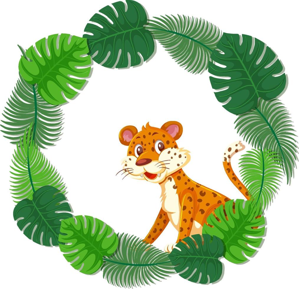 modelo de banner de folhas verdes redondas com um personagem de desenho animado de leopardo vetor