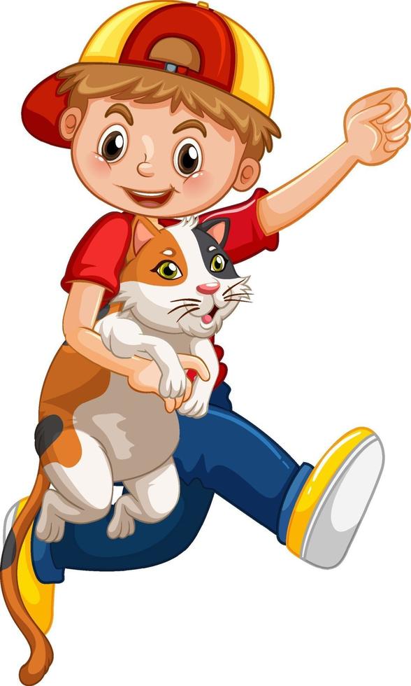 um menino segurando um personagem de desenho animado de gato bonito isolado no fundo branco vetor