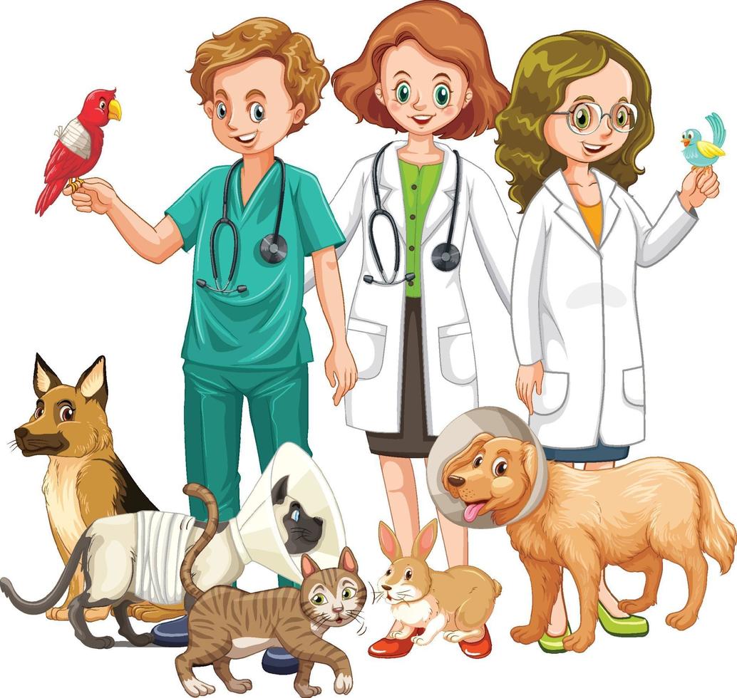 veterinário com muitos tipos de animais vetor