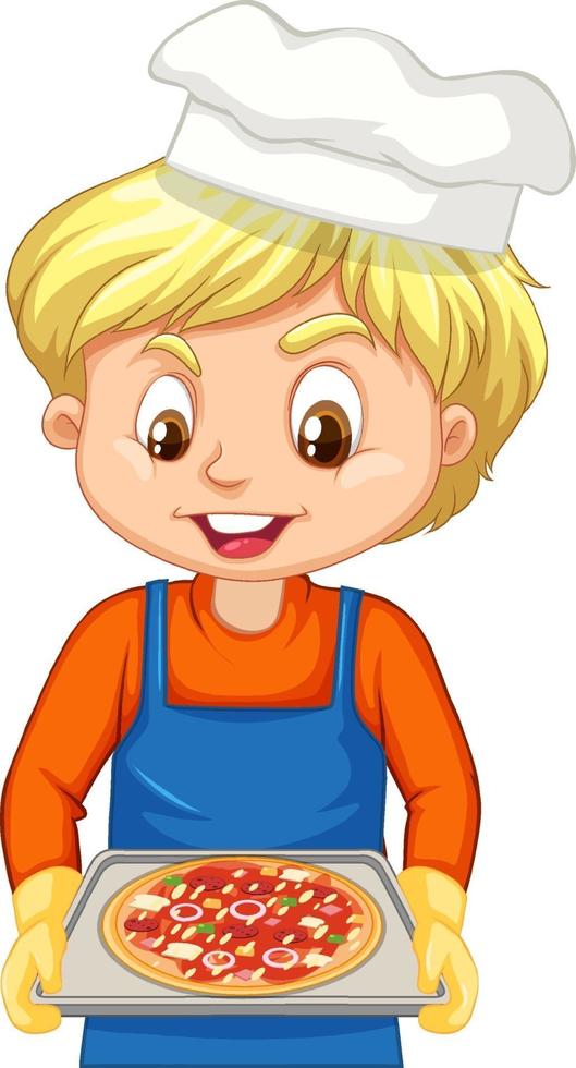 personagem de desenho animado de um chef boy segurando uma bandeja de pizza vetor