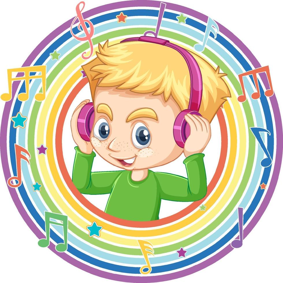 menino usa fone de ouvido em moldura redonda de arco-íris com símbolos de melodia vetor