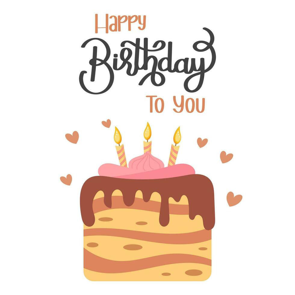 feliz aniversário cartão com bolo, velas e caligráfico rotulação. feriado ilustração dentro plano estilo. vetor