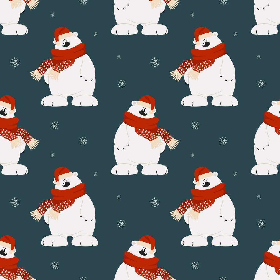 padrão perfeito, urso polar bonito dos desenhos animados em um cachecol e chapéu em um fundo com flocos de neve. impressão, têxtil, vetor