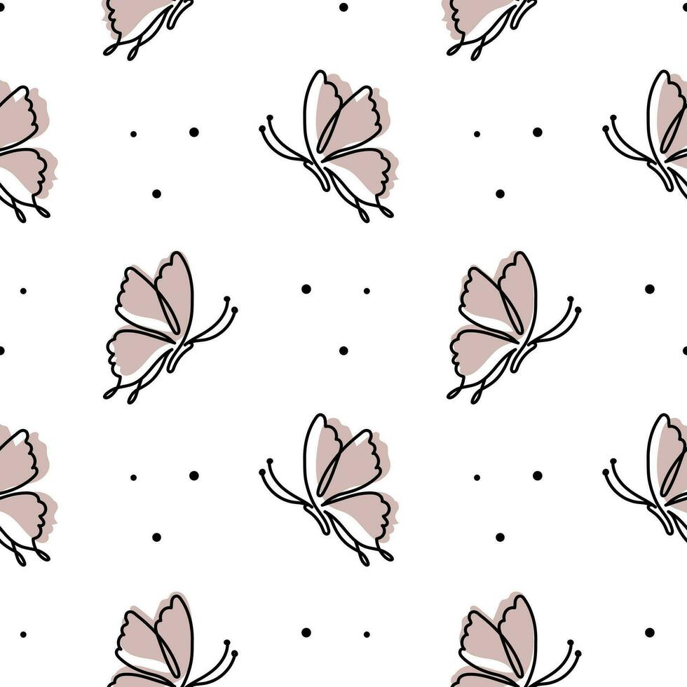 sem costura padrão, borboletas de contorno bonito em um fundo branco com pontos. imprimir para crianças, têxteis, vetor