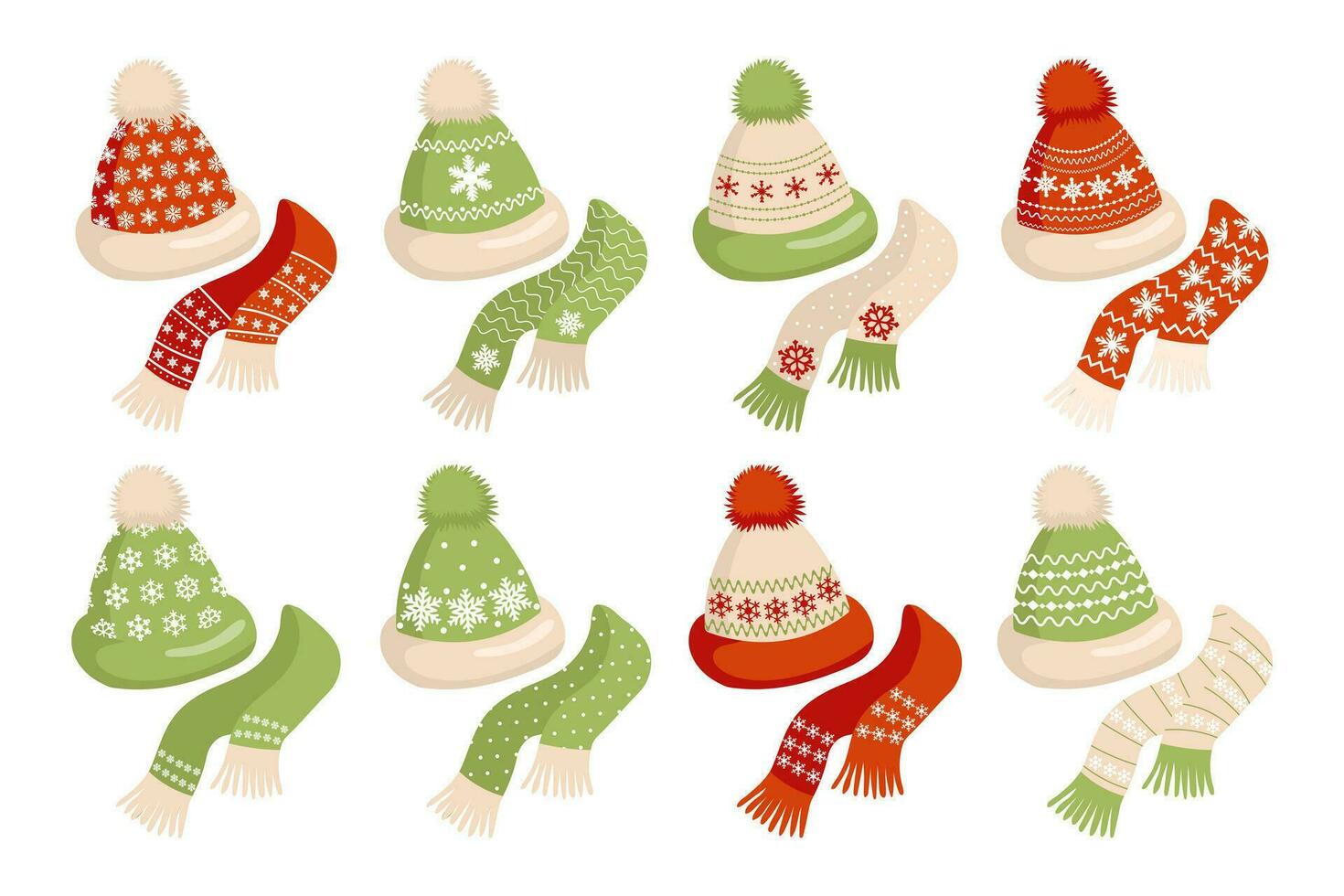 um conjunto de chapéus de malha de inverno e cachecóis com um ornamento de flocos de neve. elementos de decoração, vetor