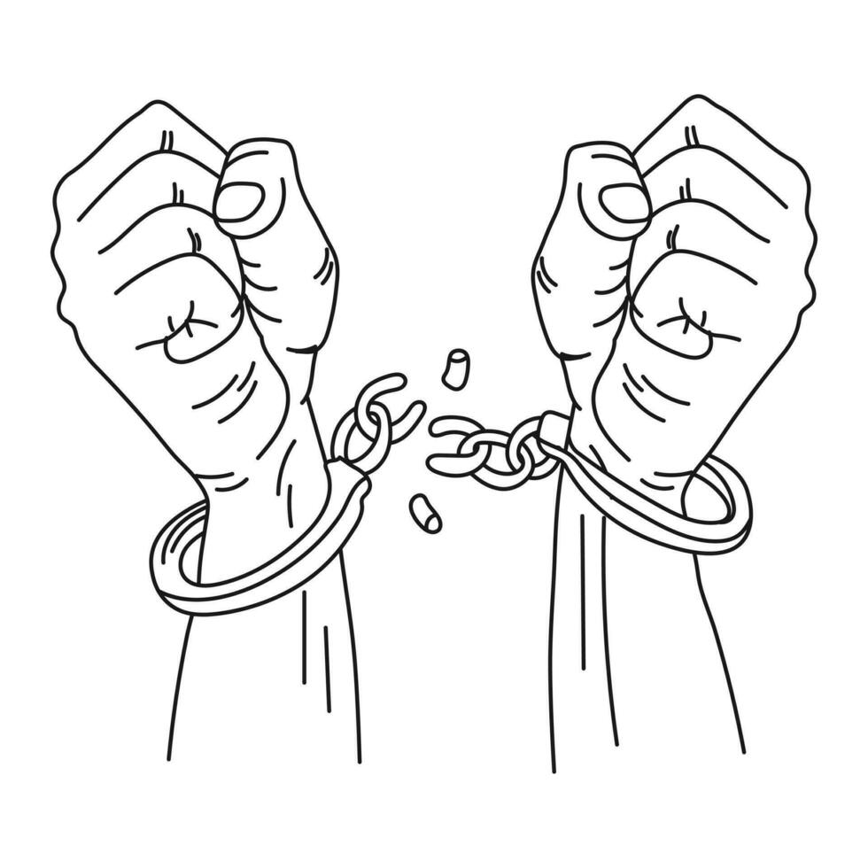 o conceito de escravidão nacional e tráfico humano, as mãos dos homens quebram as correntes. ilustração, vetor. vetor