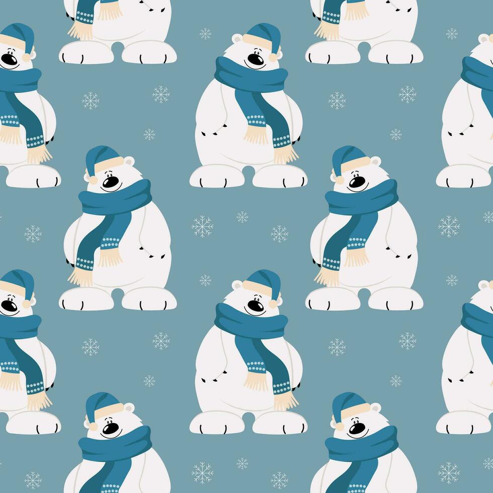 padrão perfeito, urso polar bonito dos desenhos animados em um cachecol e chapéu em um fundo de flocos de neve. impressão, têxtil, vetor