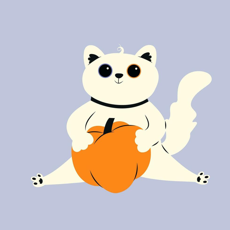 uma fofa branco gato senta e abraços uma dia das Bruxas abóbora dentro uma mão desenhado estilo. outono ilustração em isolado fundo. vetor estoque ilustração dentro plano estilo.