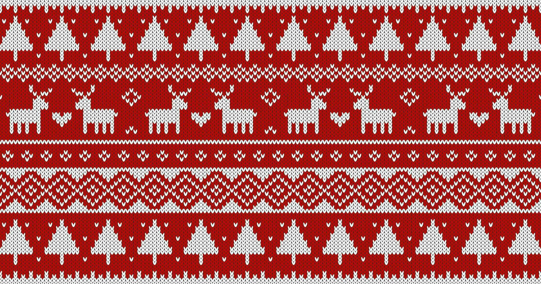 Natal suéter tricotado padronizar com veado e árvores branco enfeite em vermelho fundo. vetor Projeto.