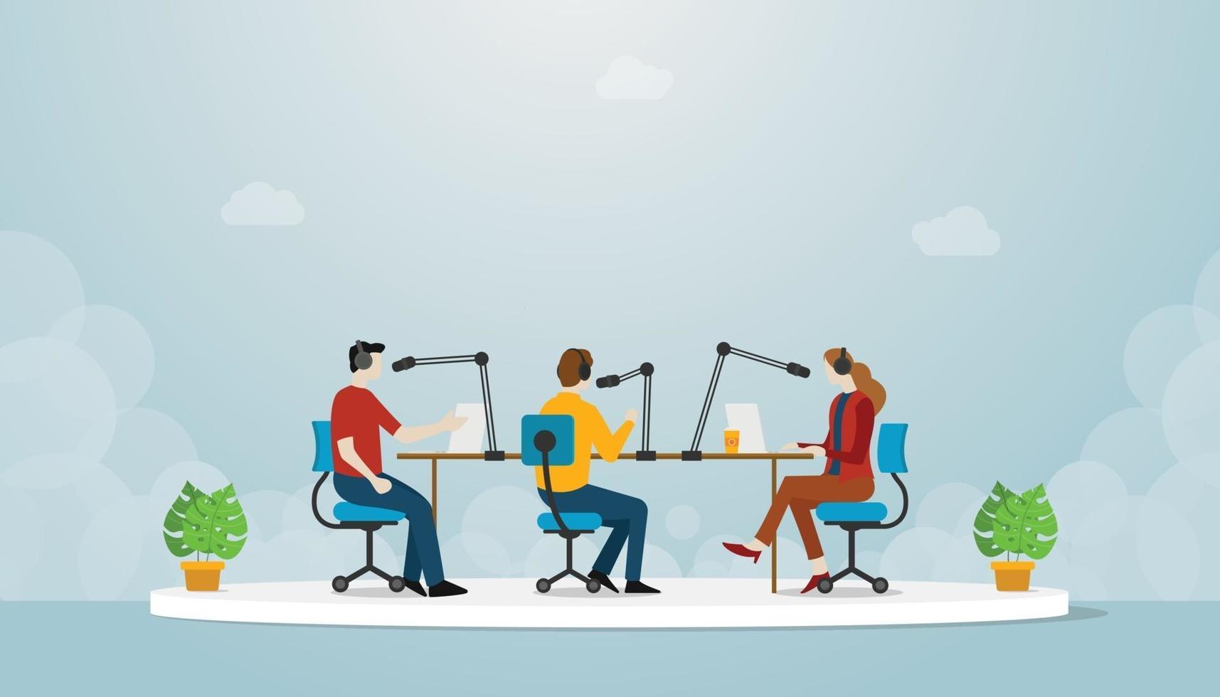 produção de equipe de podcast com pessoas, homem e mulher, sentam e discutem vetor