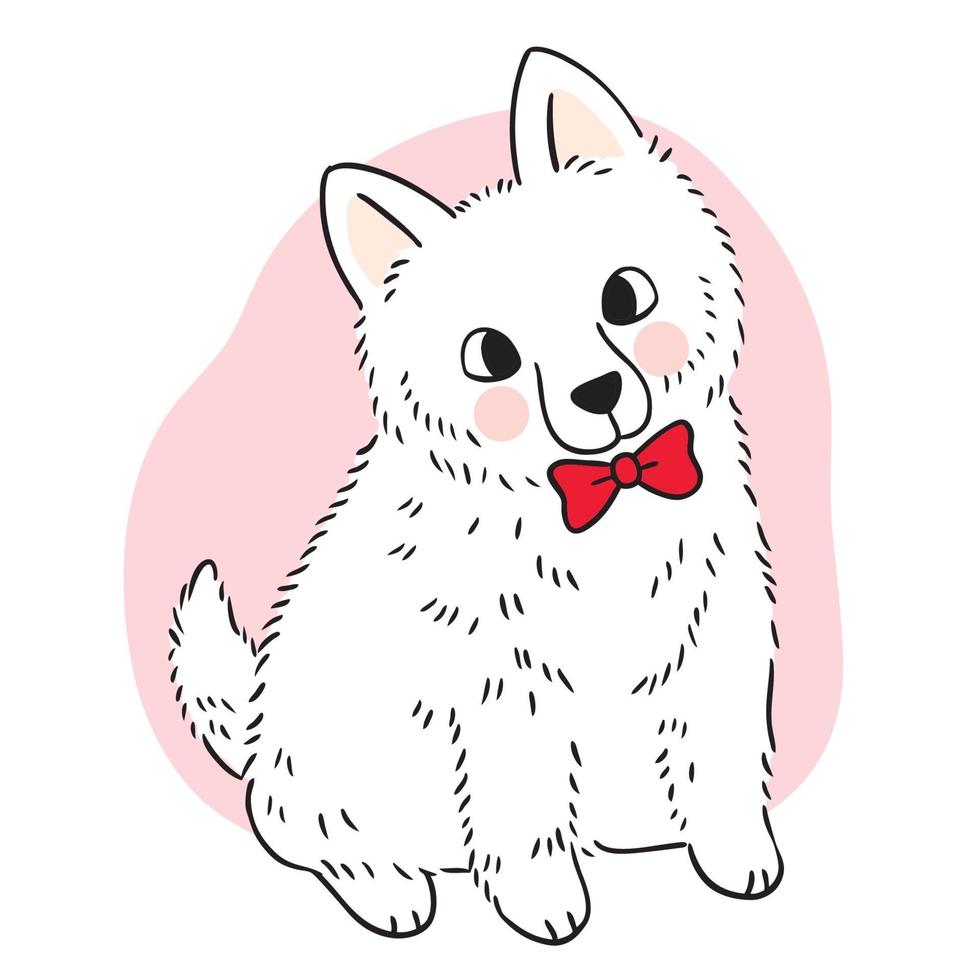 mão desenhar desenho animado bonito cão branco e vetor de gravata borboleta vermelha.