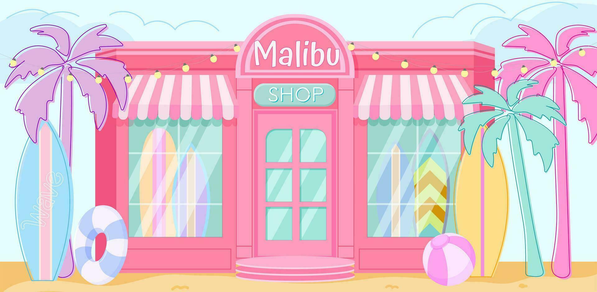 desenho animado de praia fazer compras frente visualizar. Rosa barbie core na moda cafeteria prédio. menina aniversário pano de fundo. Malibu surfar loja fundo. Rosa boneca estética. vetor